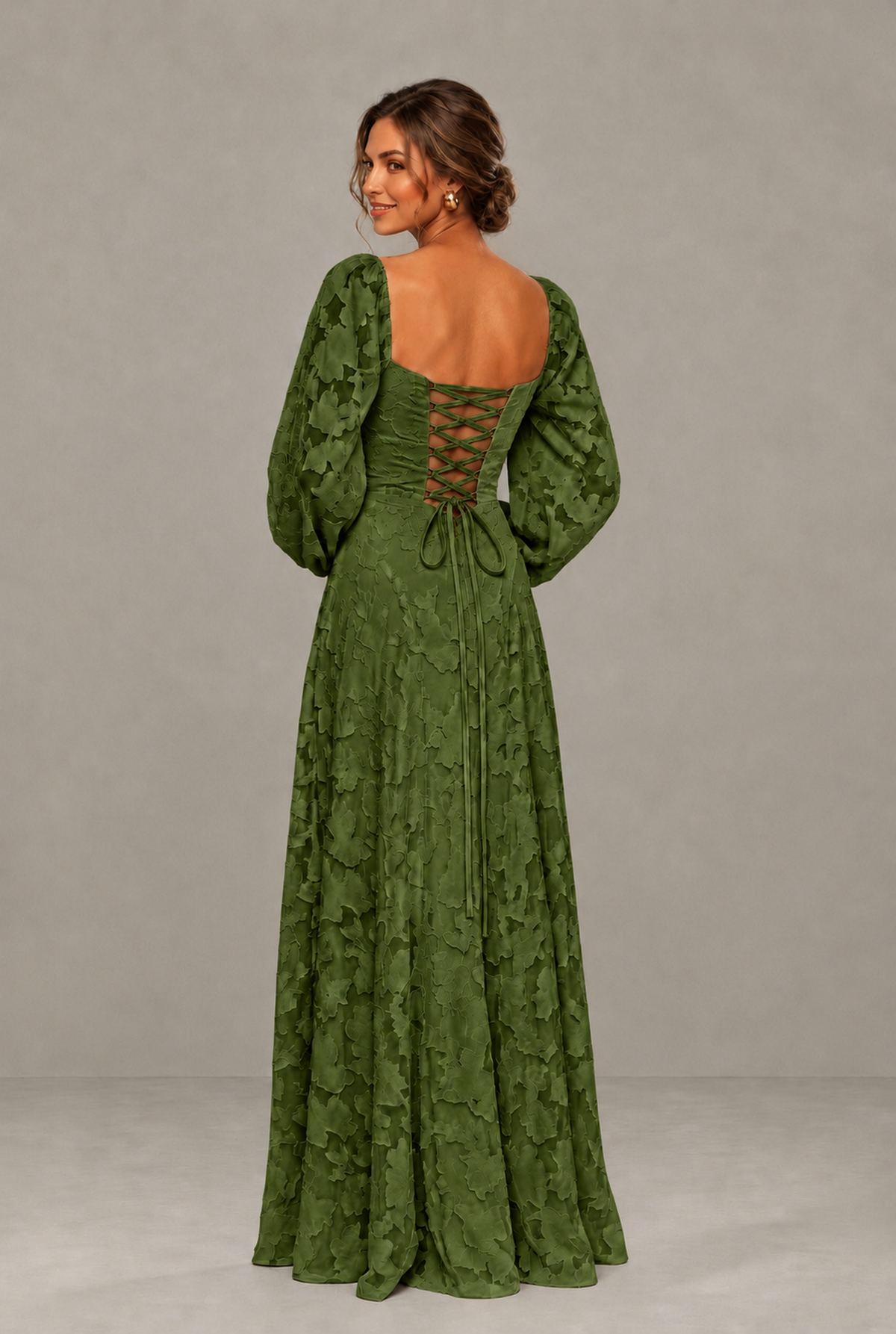BOLODOO Floral Olive Green Long Sleeve A-Line Dress with Lace-Up Back - Olive Green