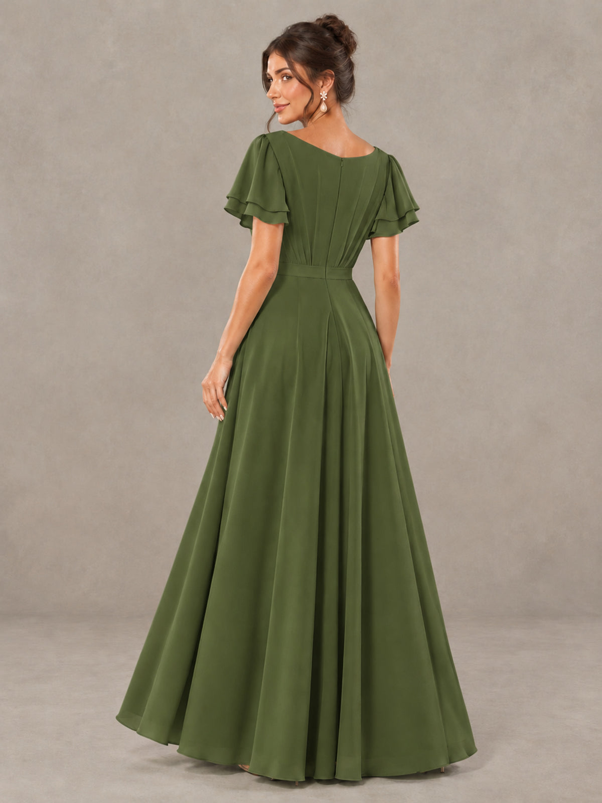 BOLODOO Olive Green Flutter Sleeve Ruffle Bridesmaid Dress with Slit - Olive Green - Olive Green (2)