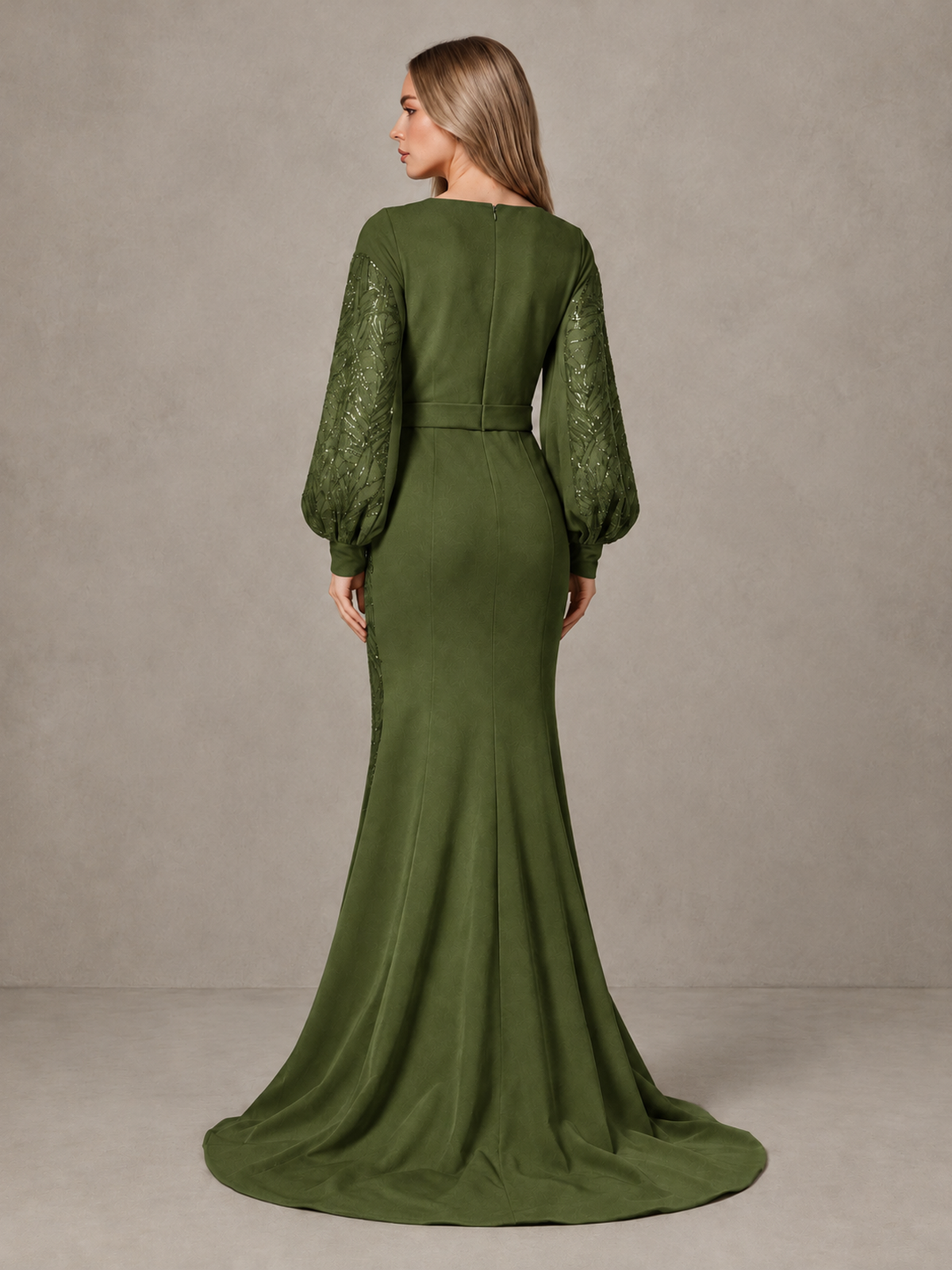 BOLODOO Olive Green Sequin Long Bishop Sleeve Mermaid Evening Dress - Olive Green - Olive Green (2)