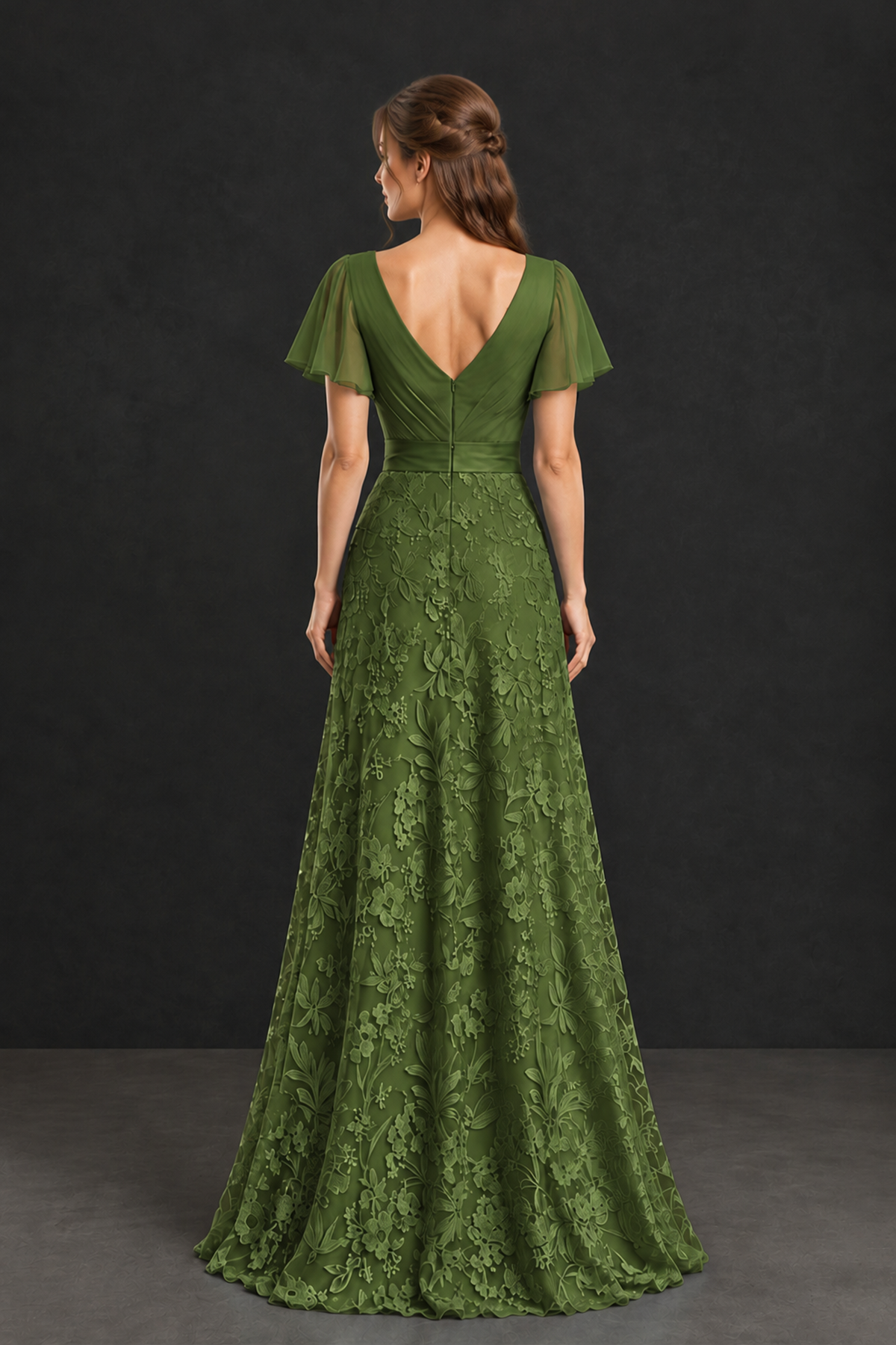 BOLODOO Olive Green Flutter Sleeve Lace Mother of the Bride Dress - Olive Green