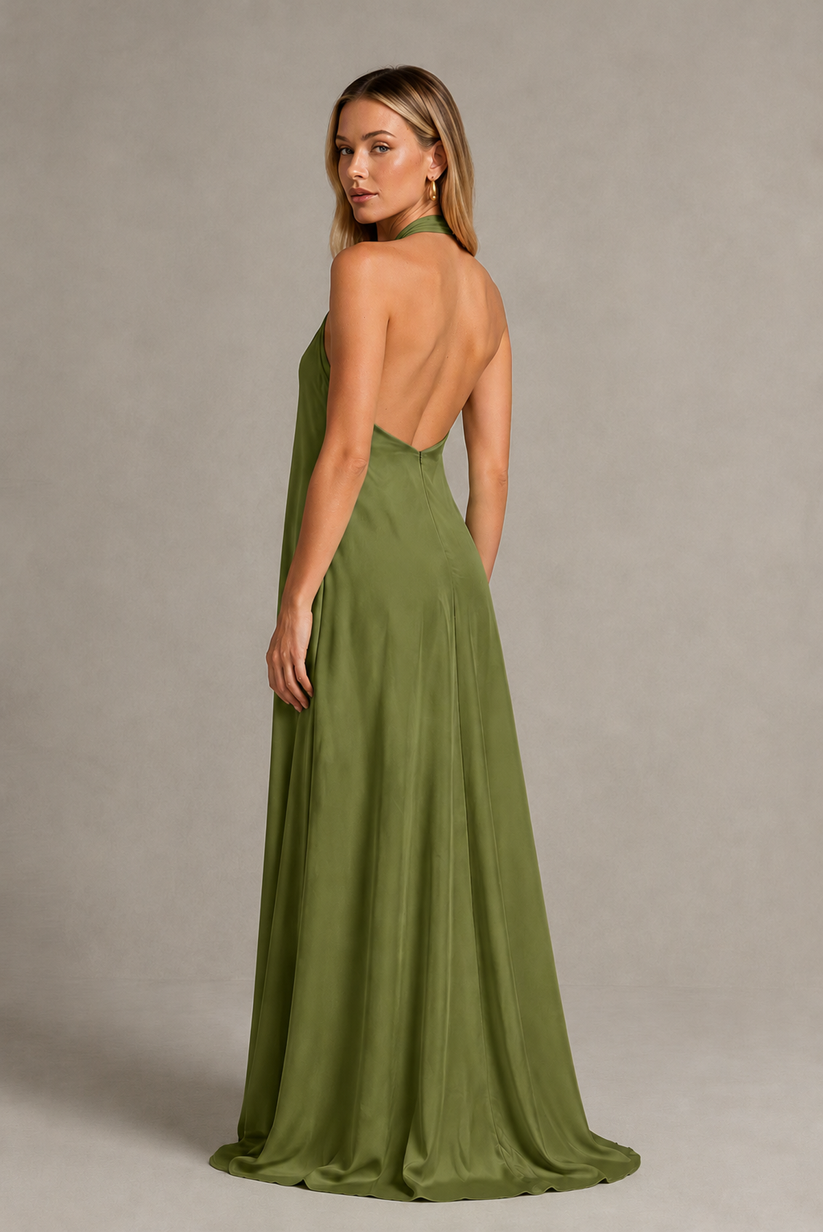 BOLODOO Olive Green Backless Halter Satin Bridesmaid Dress - Olive Green