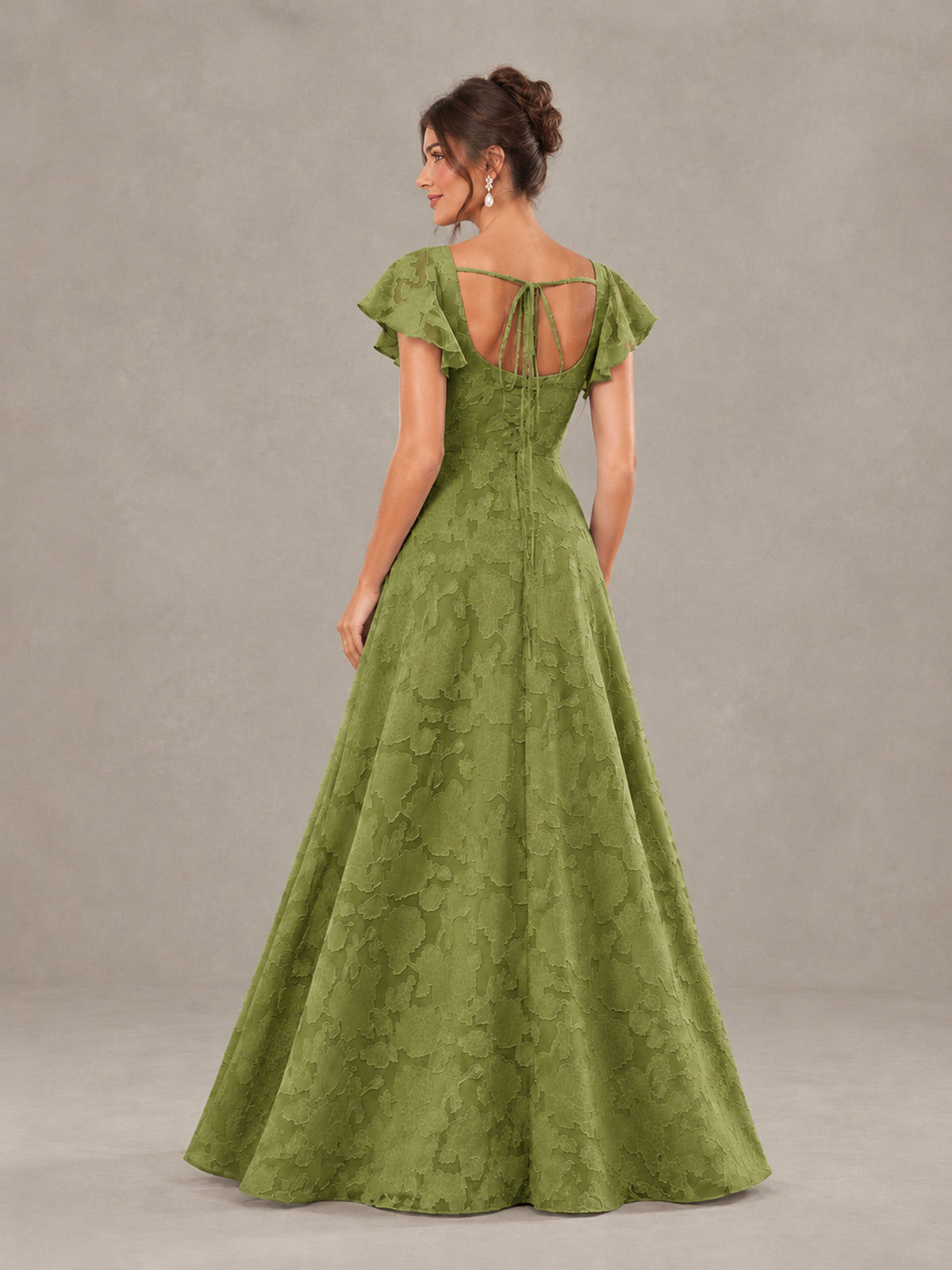 BOLODOO Olive Green Floral Flutter Sleeve Bridesmaid Dress with Slit - Olive Green - Olive Green (2)