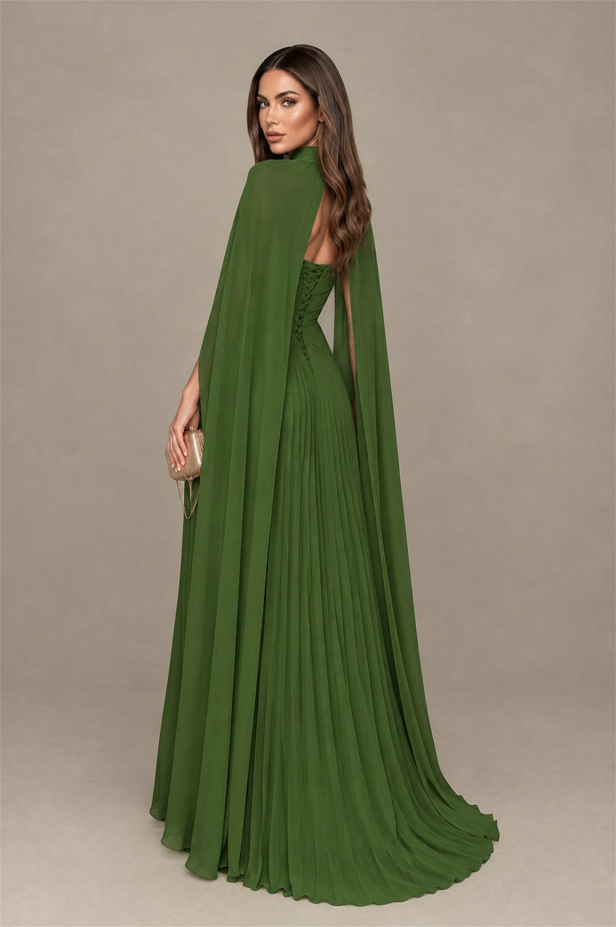 BOLODOO Olive Green Strapless Crossover Ruched Bodice Detached Turtleneck Cape Lace-Up Back Pleated Chiffon Maxi Dress - Olive Green
