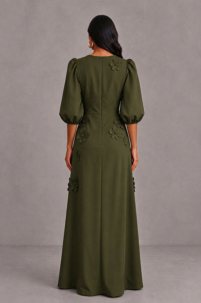 BOLODOO Olive Green Floral Applique Puff Sleeve A-Line Evening Dress - Olive Green - Olive Green (2)