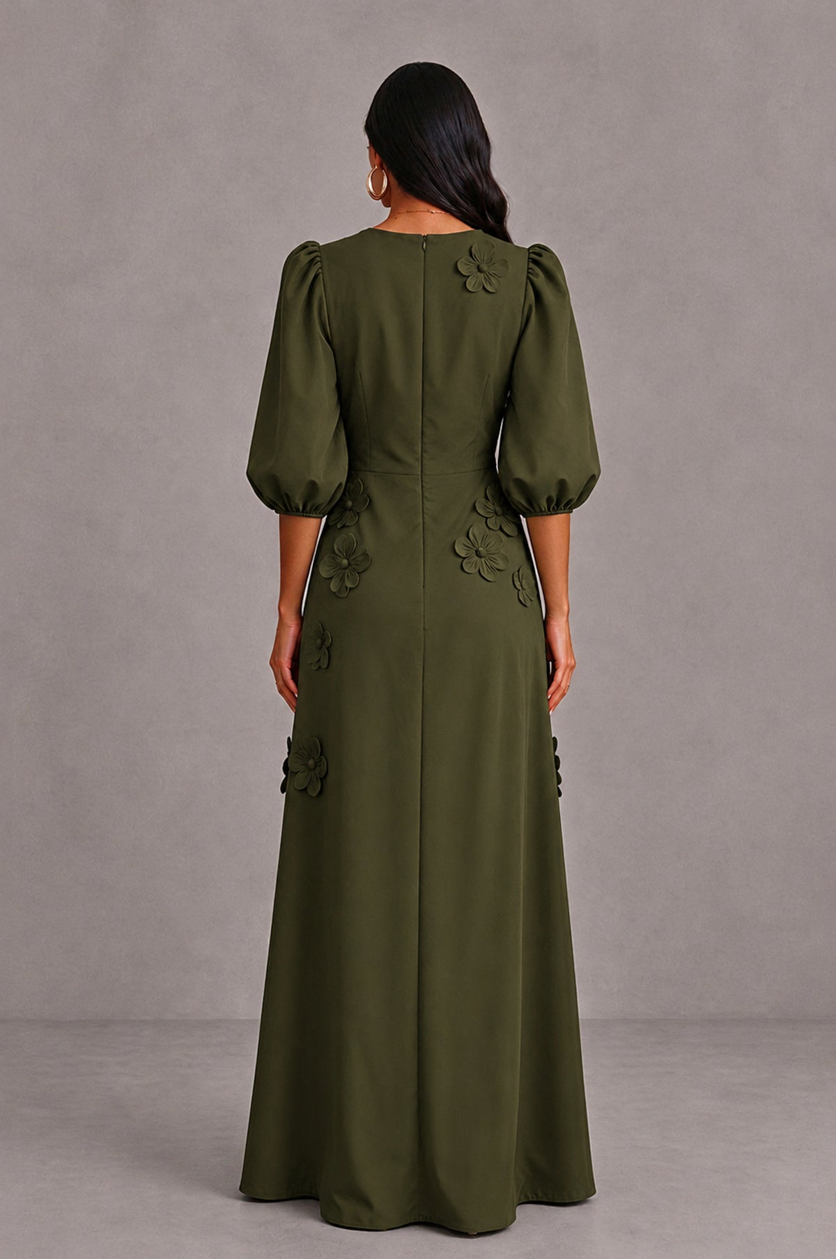 BOLODOO Olive Green Floral Applique Puff Sleeve A-Line Evening Dress - Olive Green - Olive Green (2)