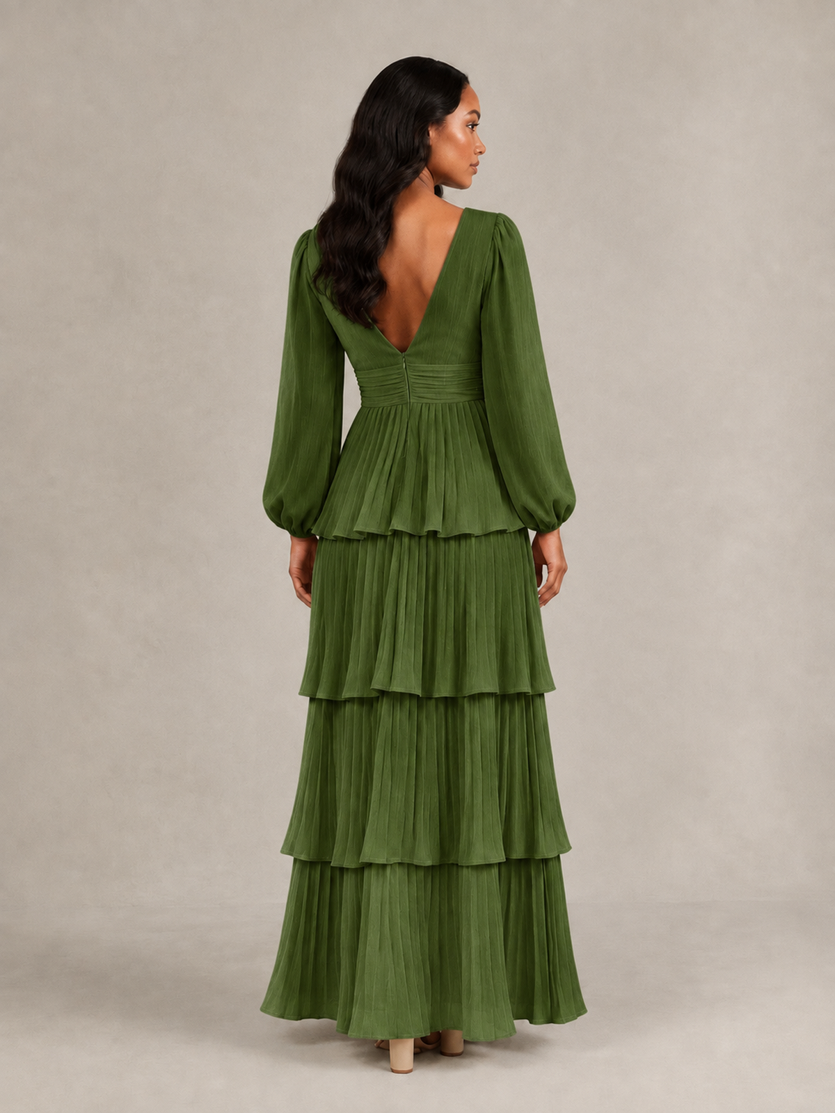 BOLODOO Olive Green Long-Sleeve Tiered Maxi Dress with Deep V-Neck - Olive Green