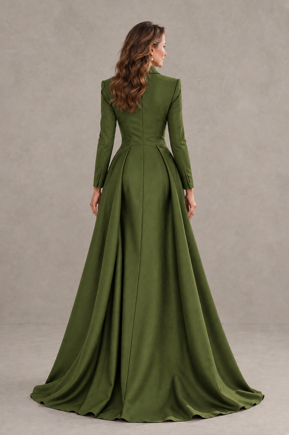 BOLODOO Olive Green Long Sleeve Lace Blazer Gown with High Slit - Olive Green - Olive Green (2)