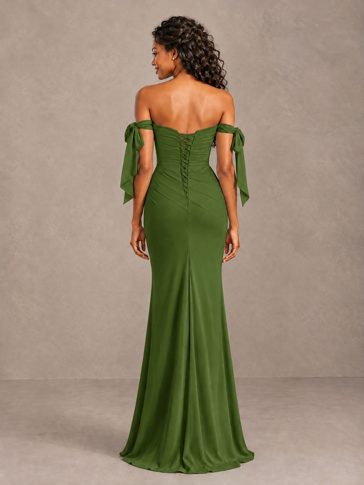 Olive Green Off-Shoulder Bow Bridesmaid Dress with Slit - Olive Green - Olive Green (2)