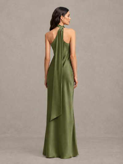 BOLODOO Olive Green Satin One-Shoulder Bridesmaid Dress with Open Back - Olive Green - Olive Green (2)