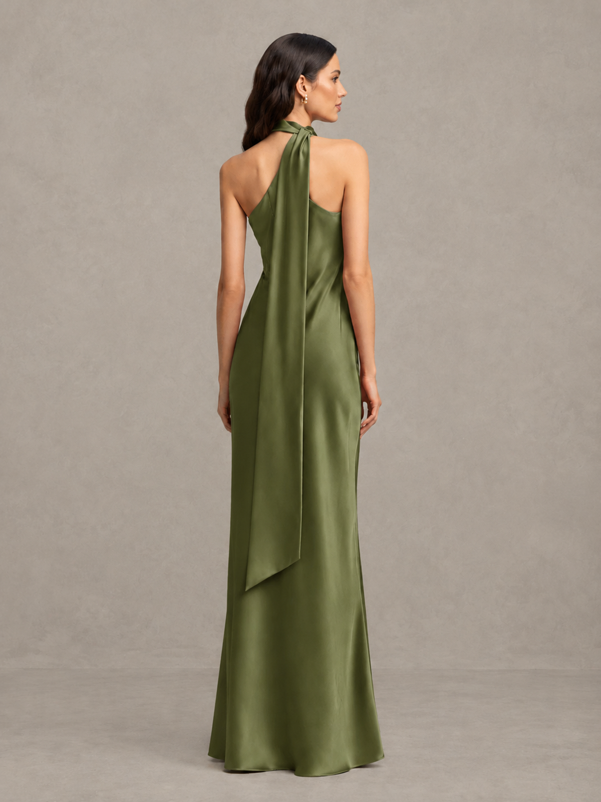 BOLODOO Olive Green Satin One-Shoulder Bridesmaid Dress with Open Back - Olive Green - Olive Green (2)