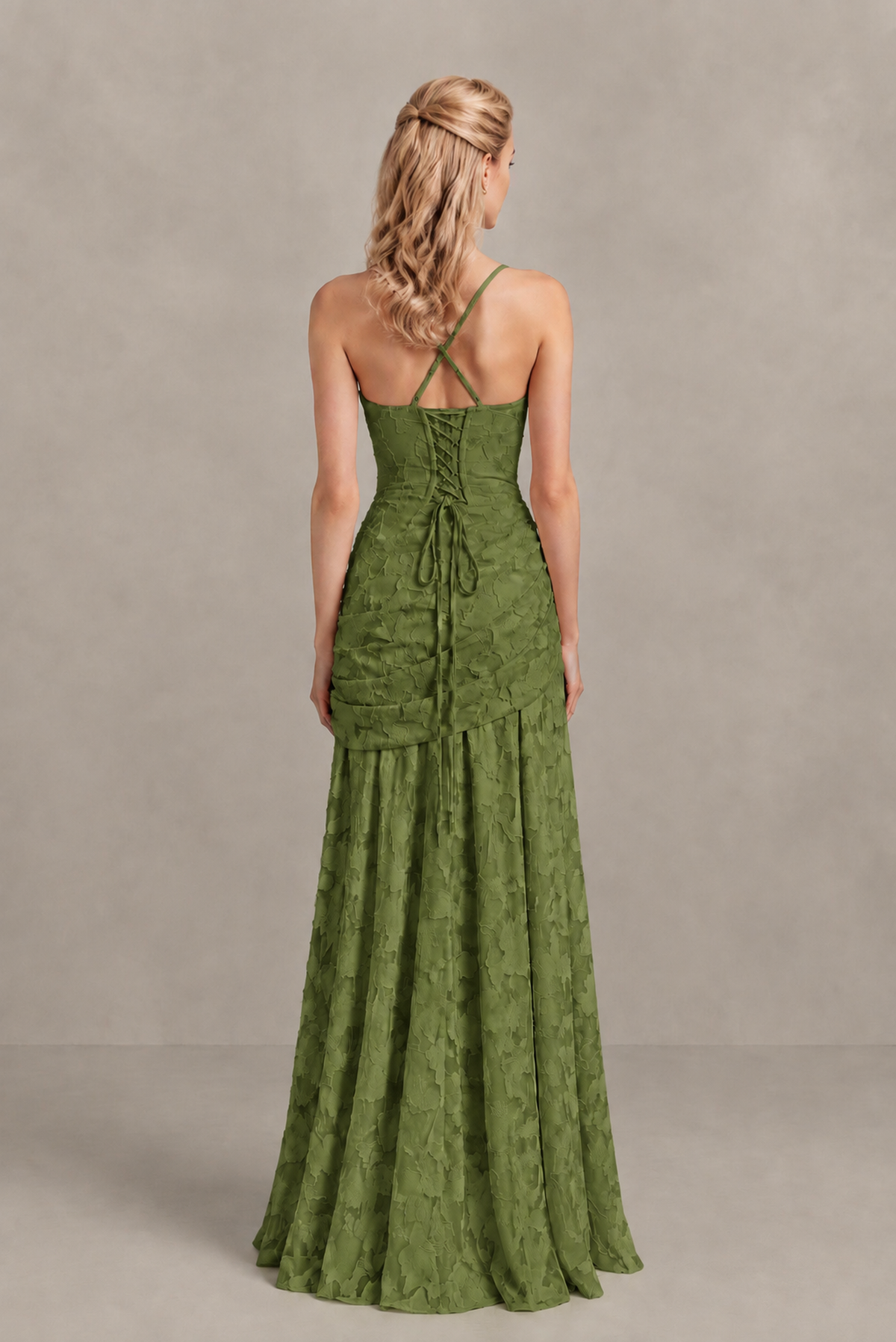 BOLODOO Olive Green Ruched Floral Maxi Dress with Lace-Up Back - Olive Green