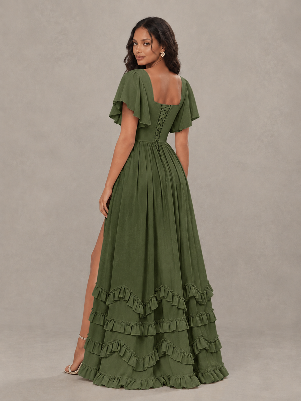 BOLODOO Olive Green V-Neck Flutter Sleeve Ruffle Bridesmaid Dress with Slit - Olive Green - Olive Green (2)