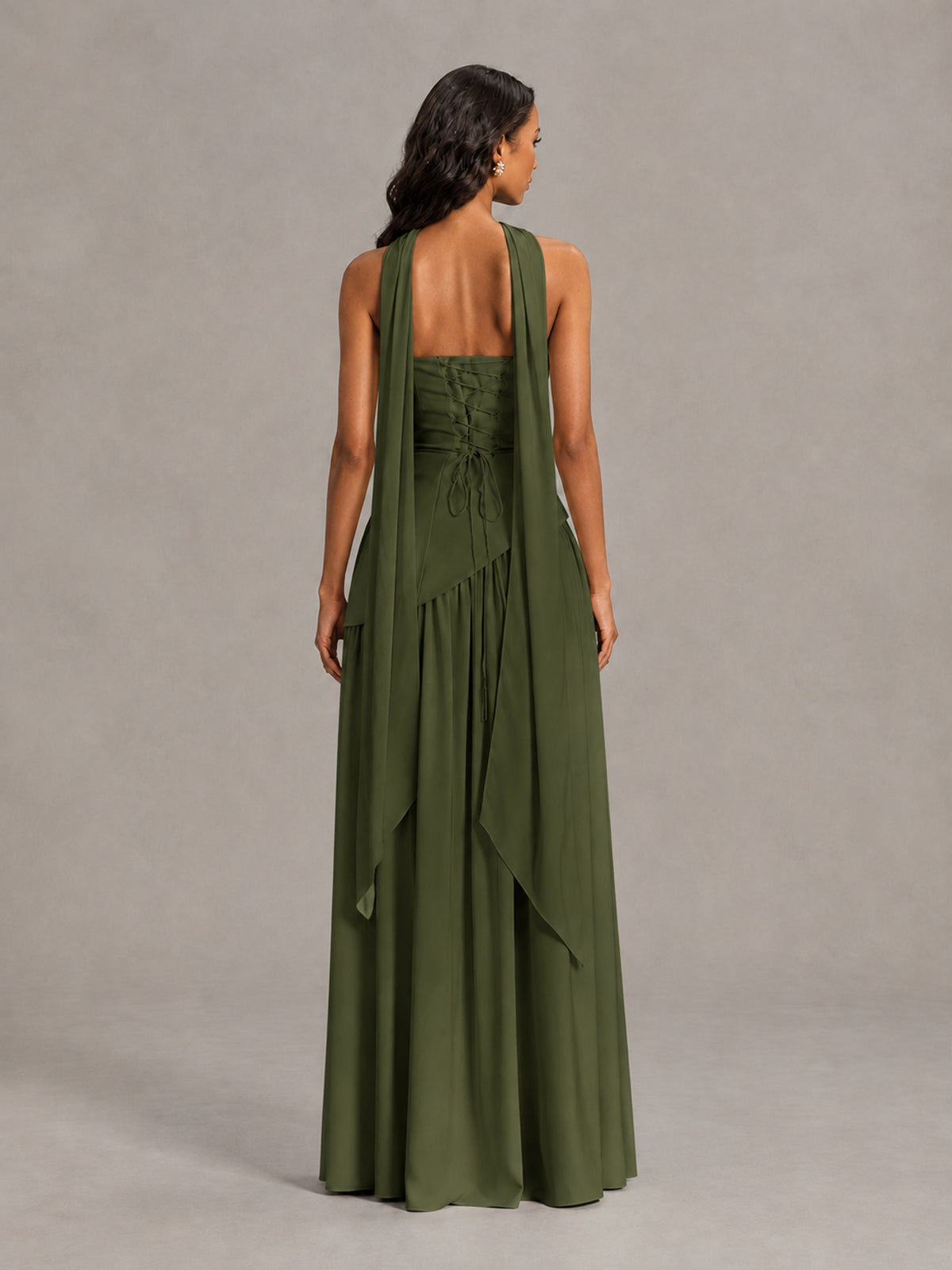 Olive Green Strapless Bridesmaid Dress with Scarf & High Slit - Olive Green - Olive Green (2)