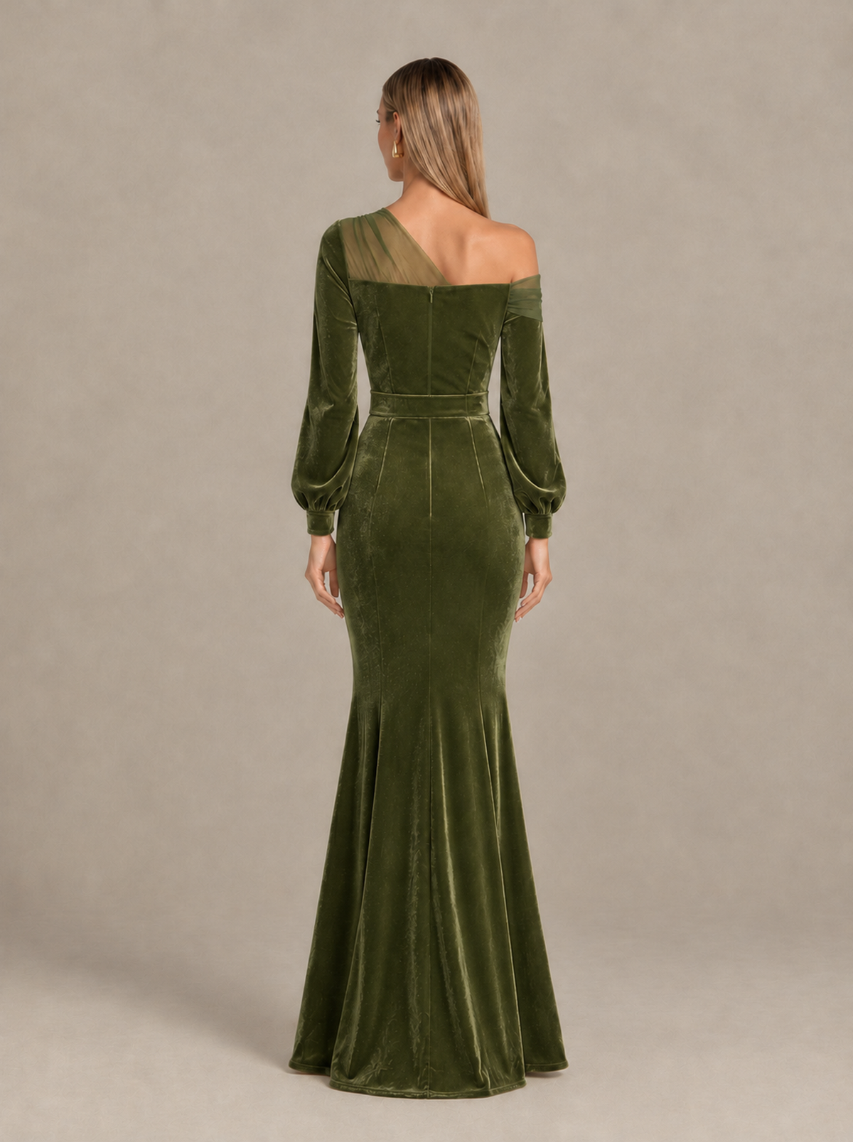 BOLODOO Olive Green Velvet Mermaid Evening Dress with Long Sleeves - Olive Green - Olive Green (2)