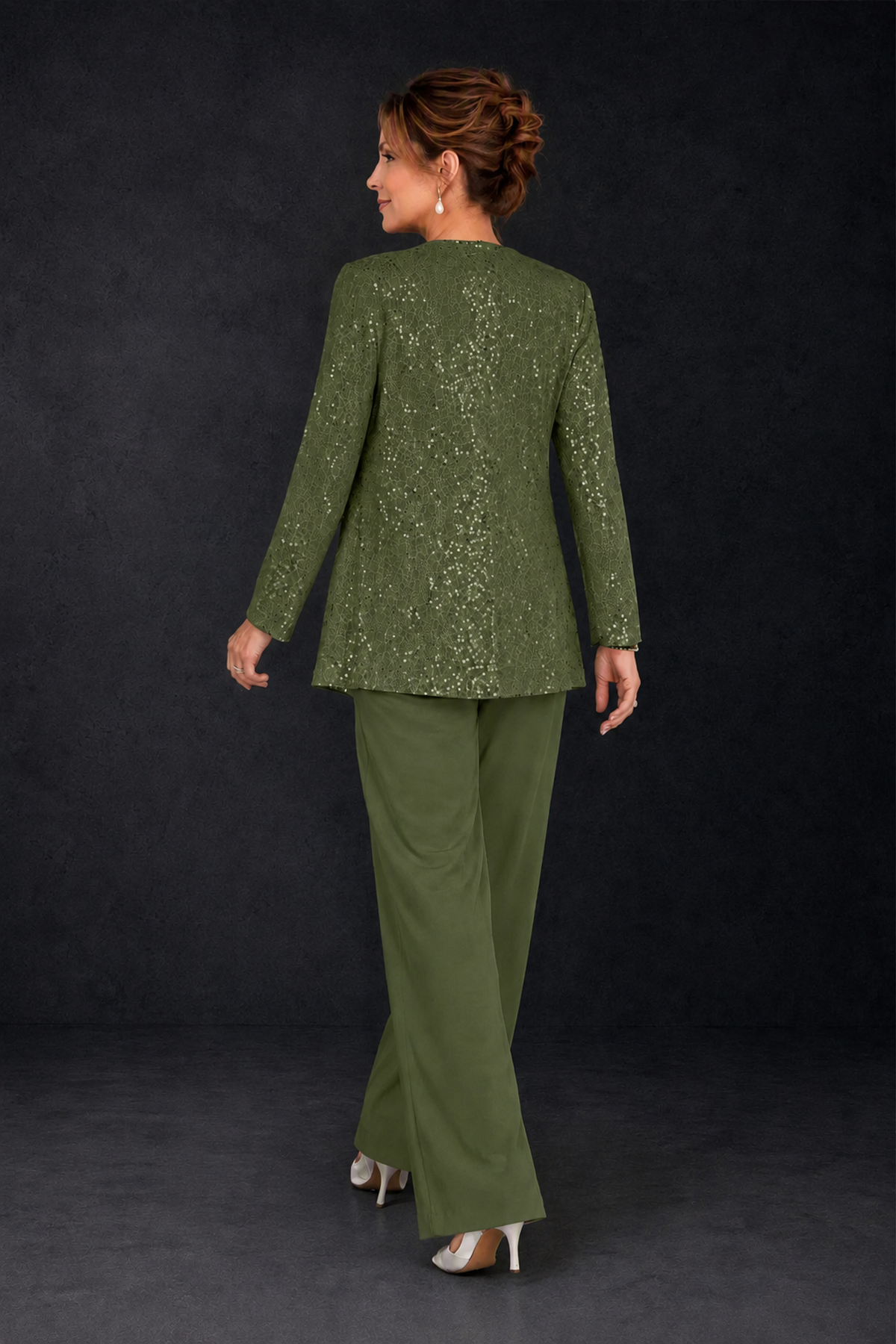 BOLODOO Olive Green Sequin Lace 3-Piece Pant Suit with Long Sleeve Jacket - Olive Green - Olive Green (2)