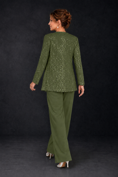 BOLODOO Olive Green Sequin Lace 3-Piece Pant Suit with Long Sleeve Jacket - Olive Green - Olive Green (2)