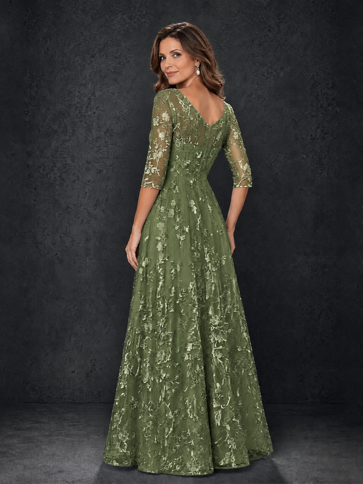 BOLODOO Steel Olive Green Floral Lace A-Line Mother of the Bride Dress with 3/4 Sleeves - Olive Green