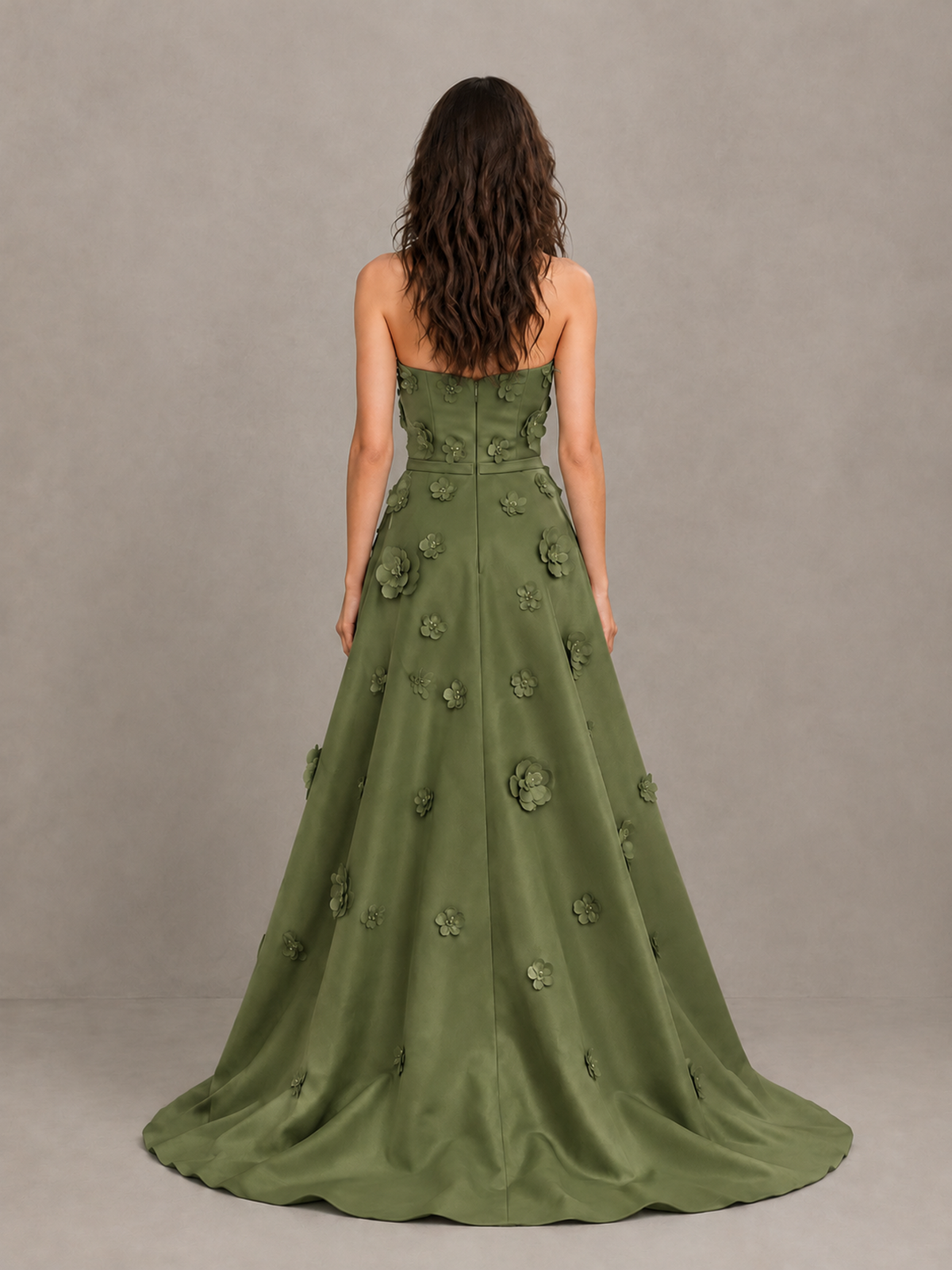 BOLODOO Olive Green Strapless 3D Floral Applique Prom Gown with Draped Skirt - Olive Green - Olive Green (2)
