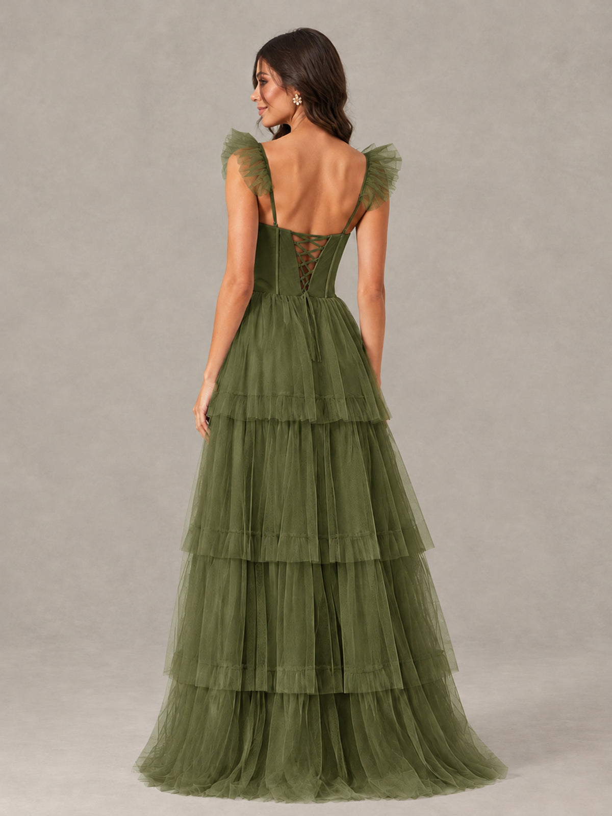 BOLODOO Olive Green Tiered Tulle Bridesmaid Dress with Slit - Olive Green - Olive Green (2)