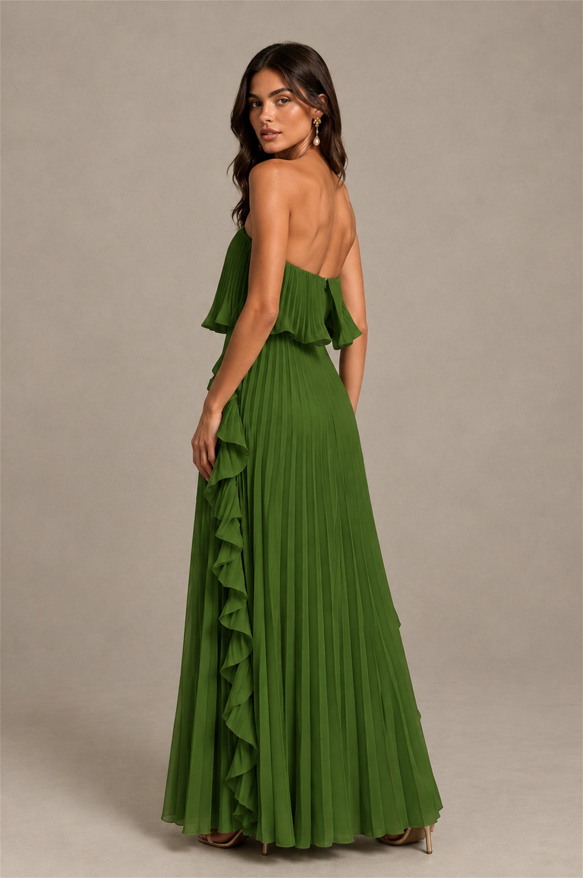 BOLODOO Olive Green Strapless Ruffle Bodice Dual Cascading Ruffle Accordion Pleated Chiffon Maxi Dress - Olive Green