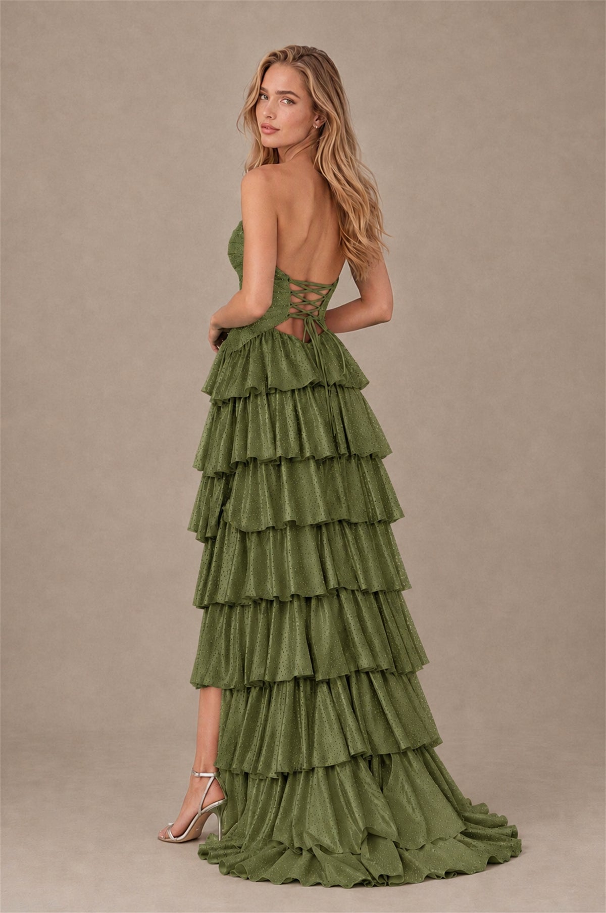 BOLODOO Olive Green Strapless Cutout Tiered Ruffle Prom Dress with High Slit - Olive Green - Olive Green (2)