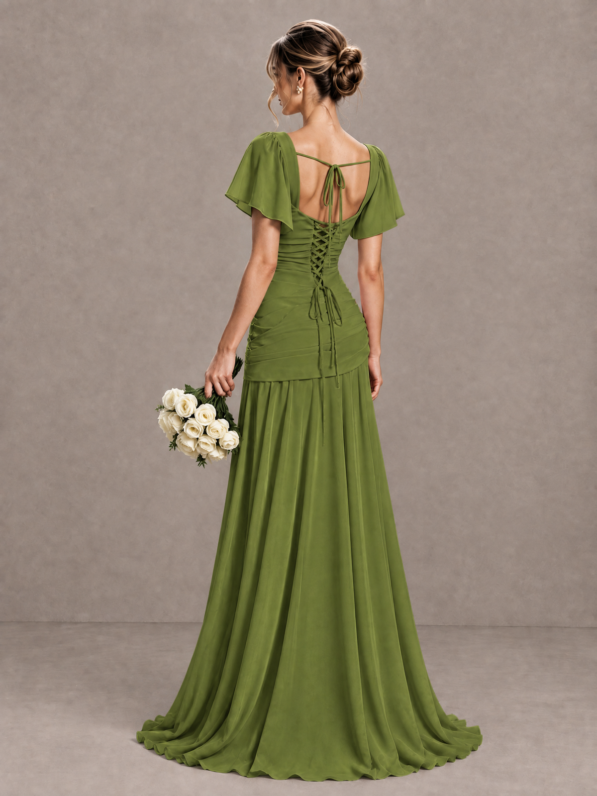 BOLODOO Olive Green Flutter Sleeve Lace-Up Back Maxi Dress - Olive Green