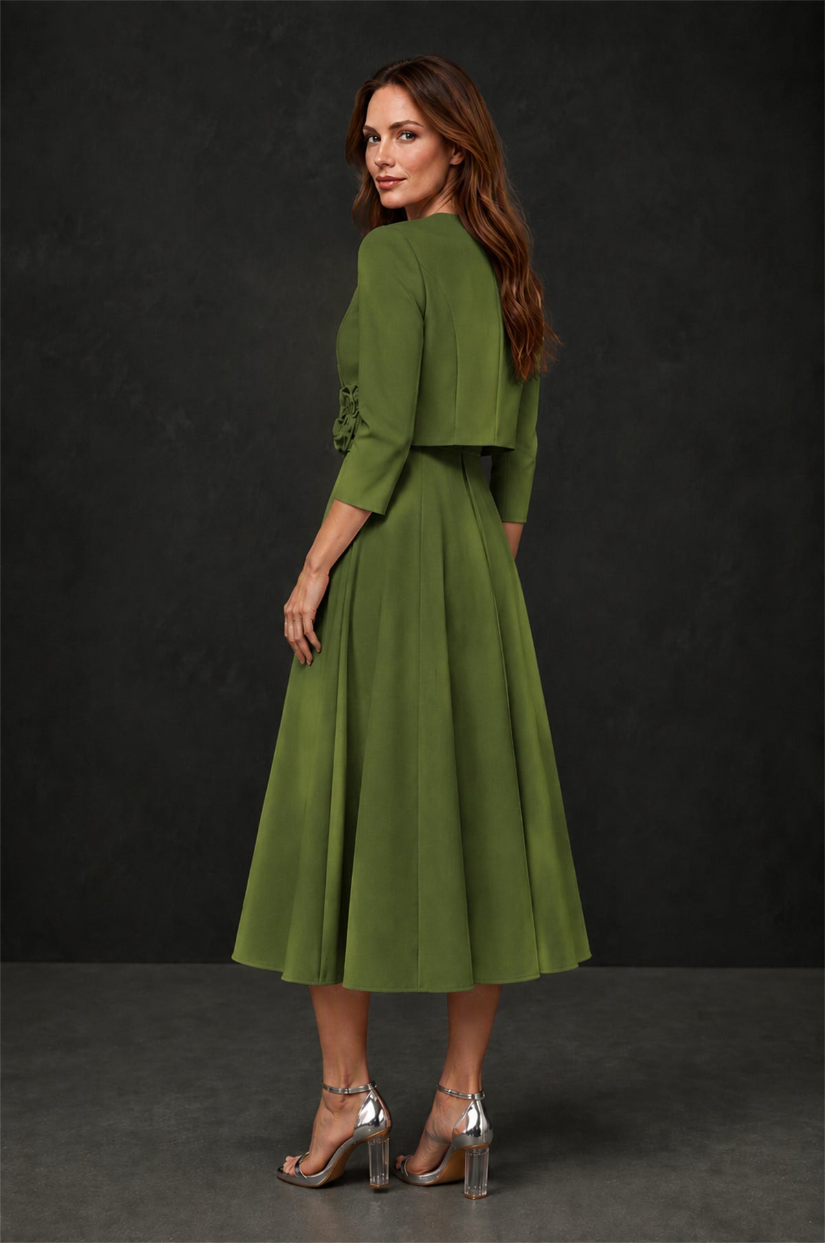BOLODOO Olive Green 3D Rosette Appliqué 3/4 Sleeve Jacket & V-Notch Sleeveless A-Line Tea-Length Two-Piece Dress Set - Olive Green