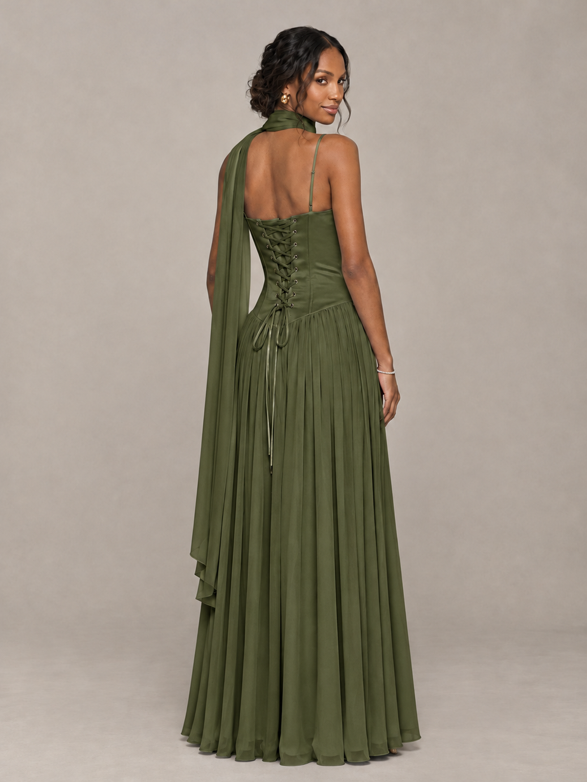 BOLODOO Olive Green Corset Bridesmaid Dress with Scarf - Olive Green - Olive Green (2)
