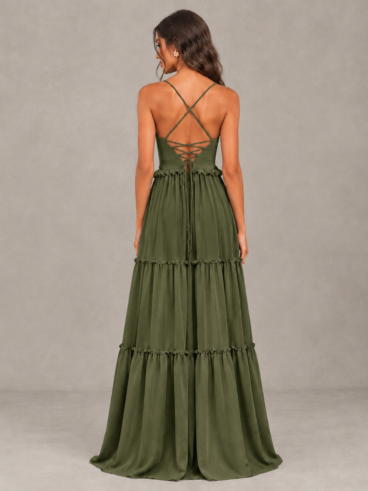 BOLODOO Olive Green Tiered V-Neck Lace-Up Back Bridesmaid Dress - Olive Green - Olive Green (2)