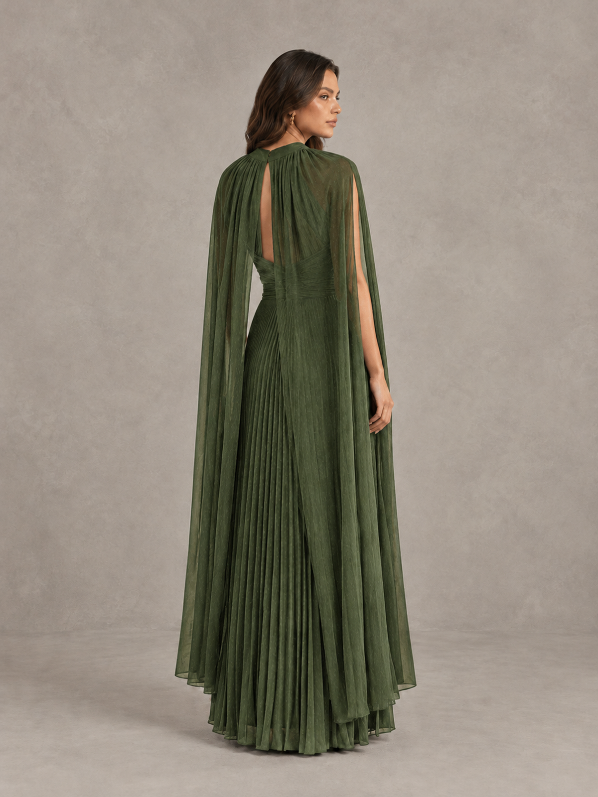 BOLODOO Olive Green Pleated Cape Maxi Wedding Guest Dress - Olive Green - Olive Green (2)