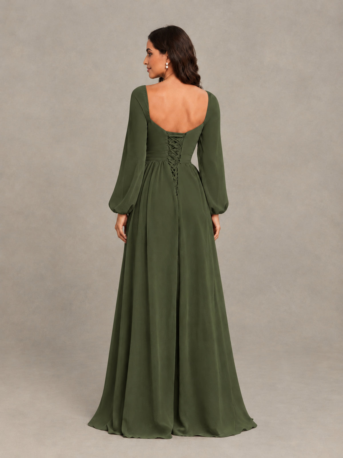 BOLODOO Olive Green Long Sleeve Chiffon Bridesmaid Dress with Slit - Olive Green - Olive Green (2)