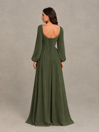BOLODOO Olive Green Long Sleeve Chiffon Bridesmaid Dress with Slit - Olive Green - Olive Green (2)