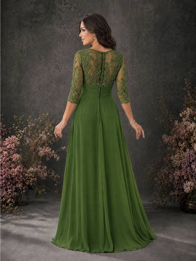 BOLODOO Olive Green Chiffon Lace Illusion Neckline 3/4 Sleeve Floor Length Formal Gown - Olive Green