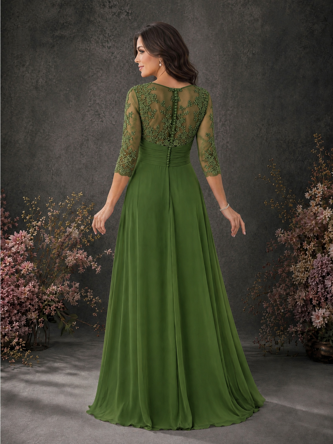 BOLODOO Olive Green Chiffon Lace Illusion Neckline 3/4 Sleeve Floor Length Formal Gown - Olive Green