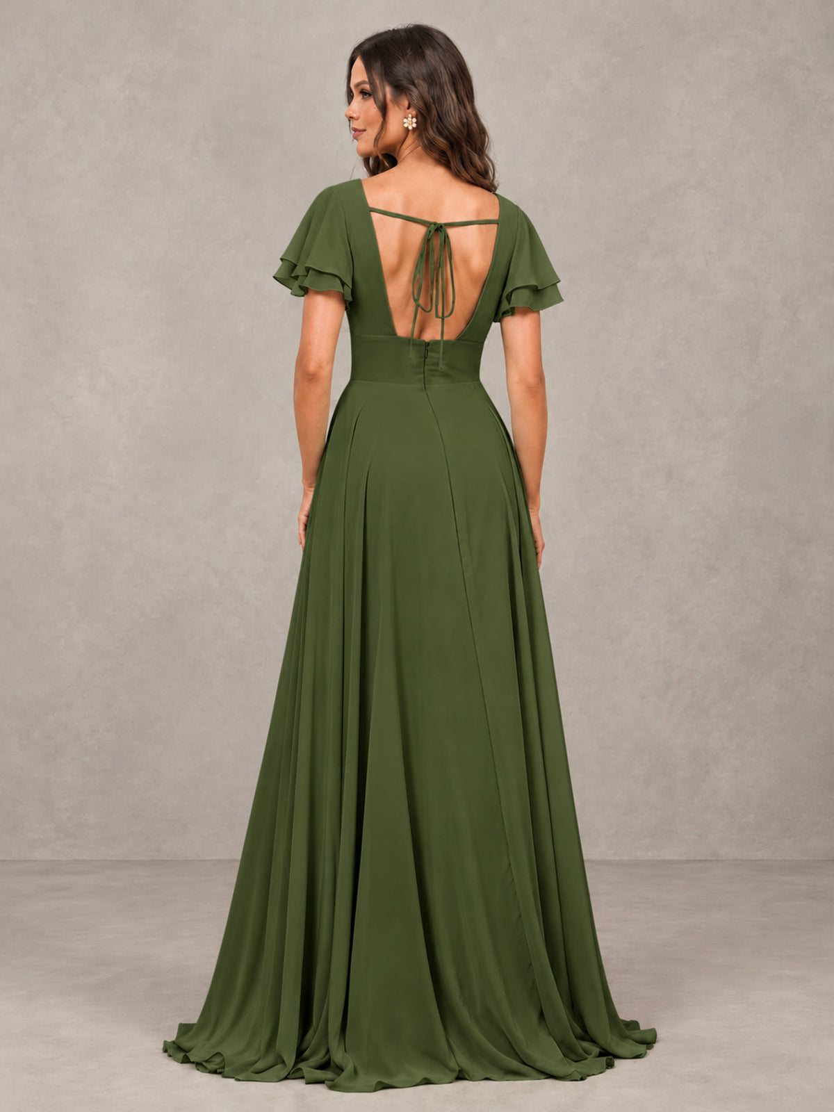 BOLODOO Olive Green Flutter Sleeve Chiffon A-Line Maxi Bridesmaid Dress with Open Back & Slit - Olive Green - Olive Green (2)