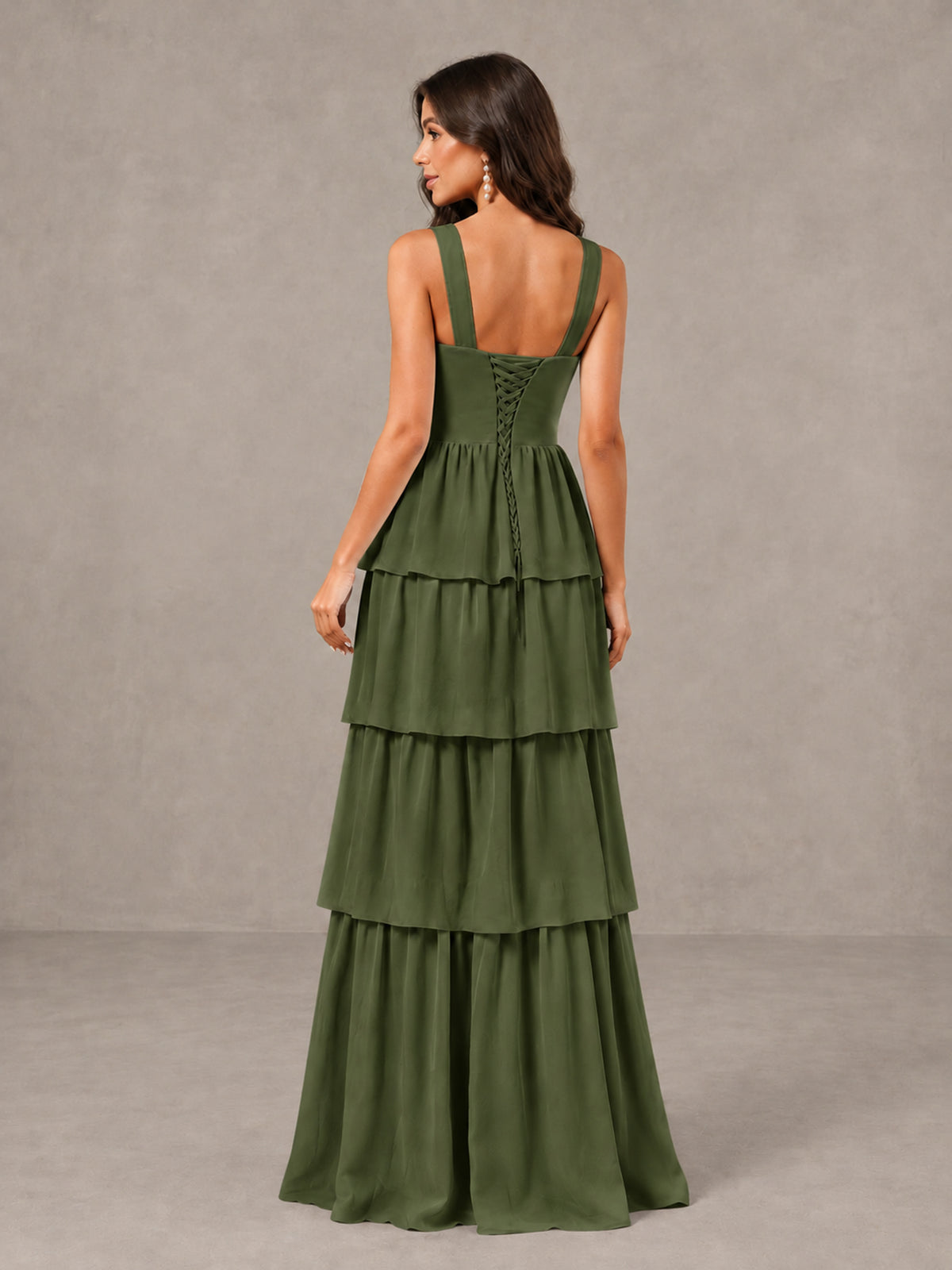 BOLODOO Olive Green Square Neck Tiered Bridesmaid Dress with Slit - Olive Green - Olive Green (2)