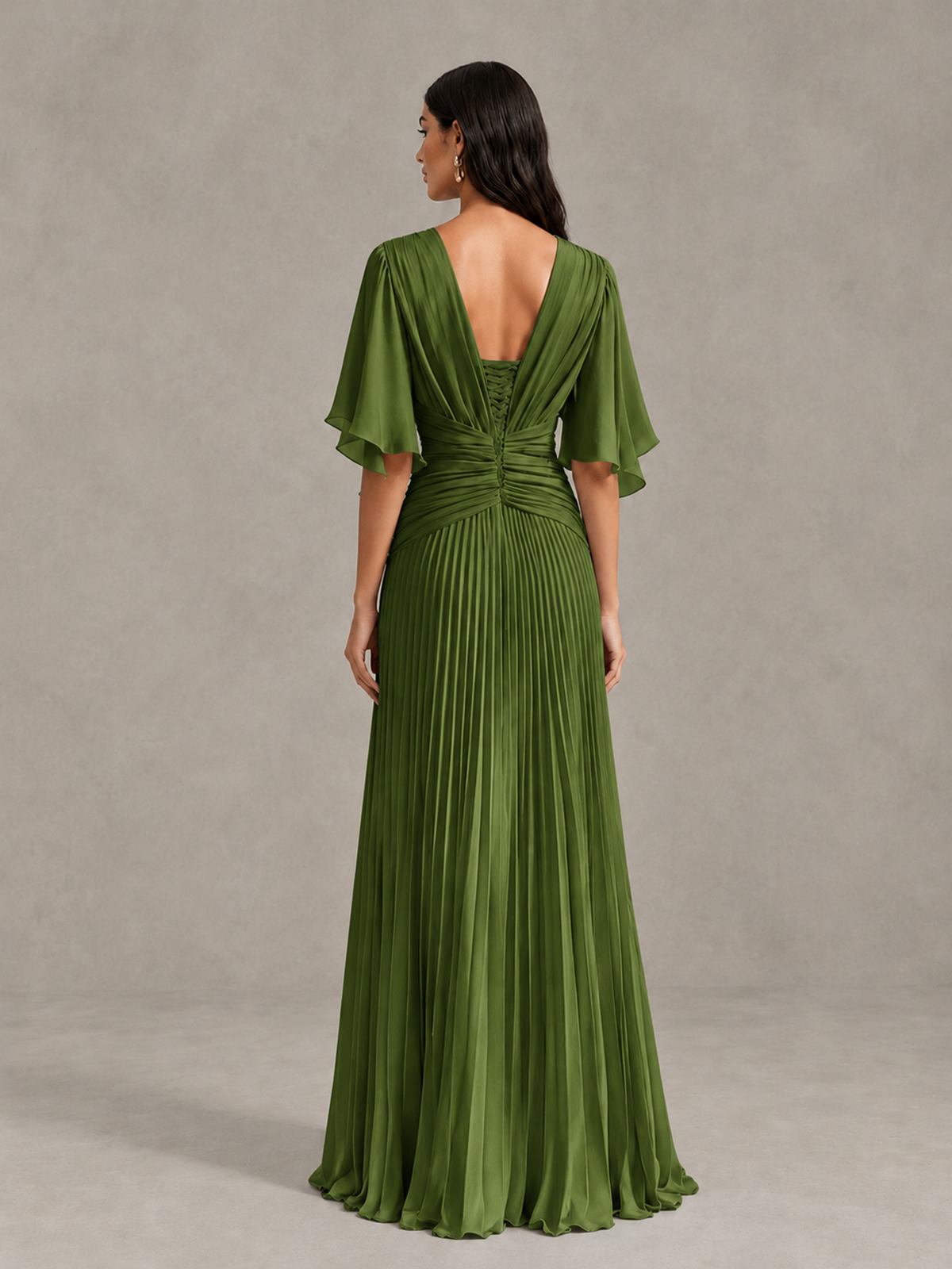 BOLODOO Olive Green Pleated V-Neck Flutter Sleeve Bridesmaid Dress - Olive Green - Olive Green (2)