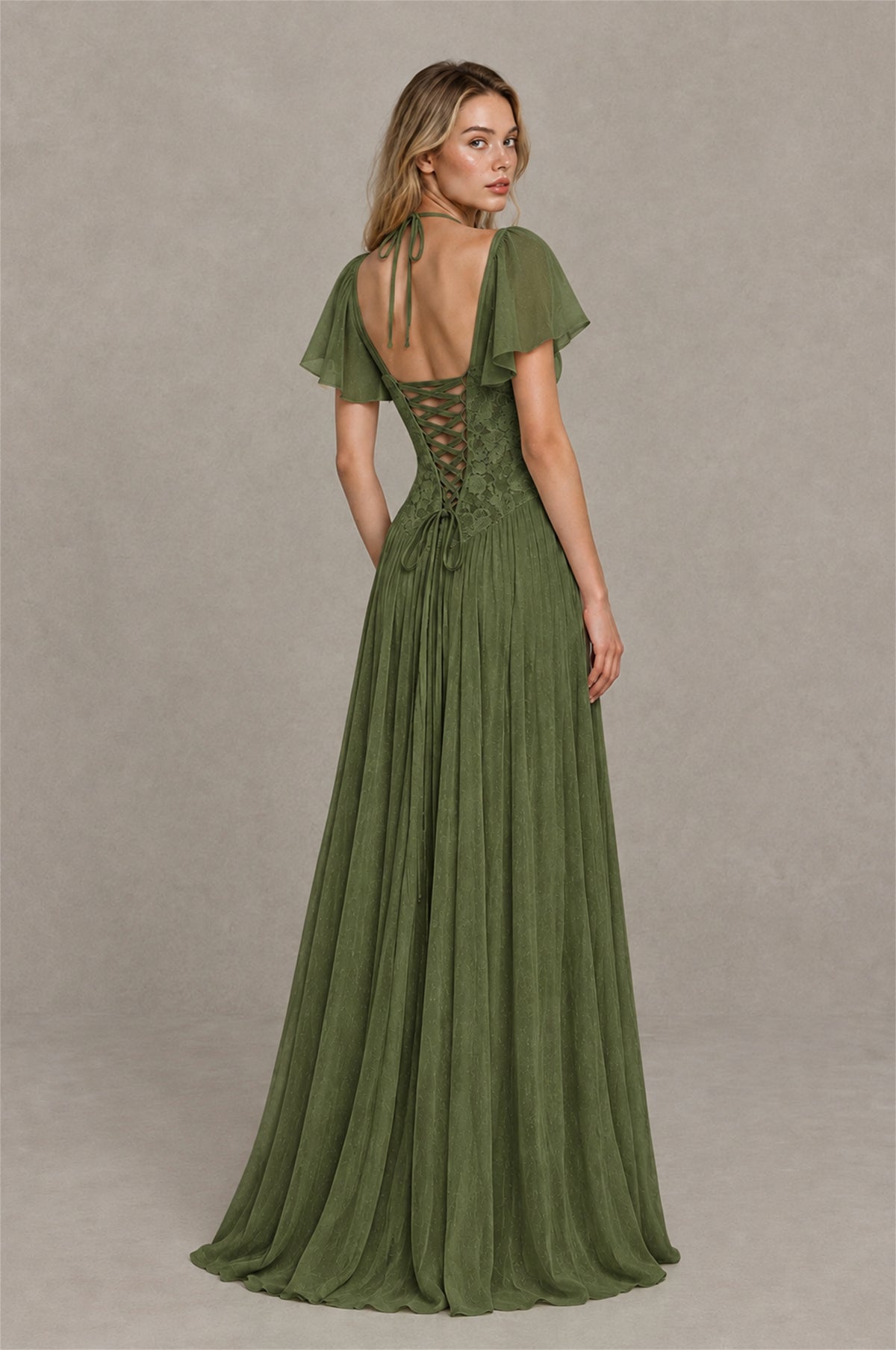 BOLODOO Olive Green Flutter Sleeve Lace Corset A-Line Maxi Dress - Olive Green - Olive Green (2)