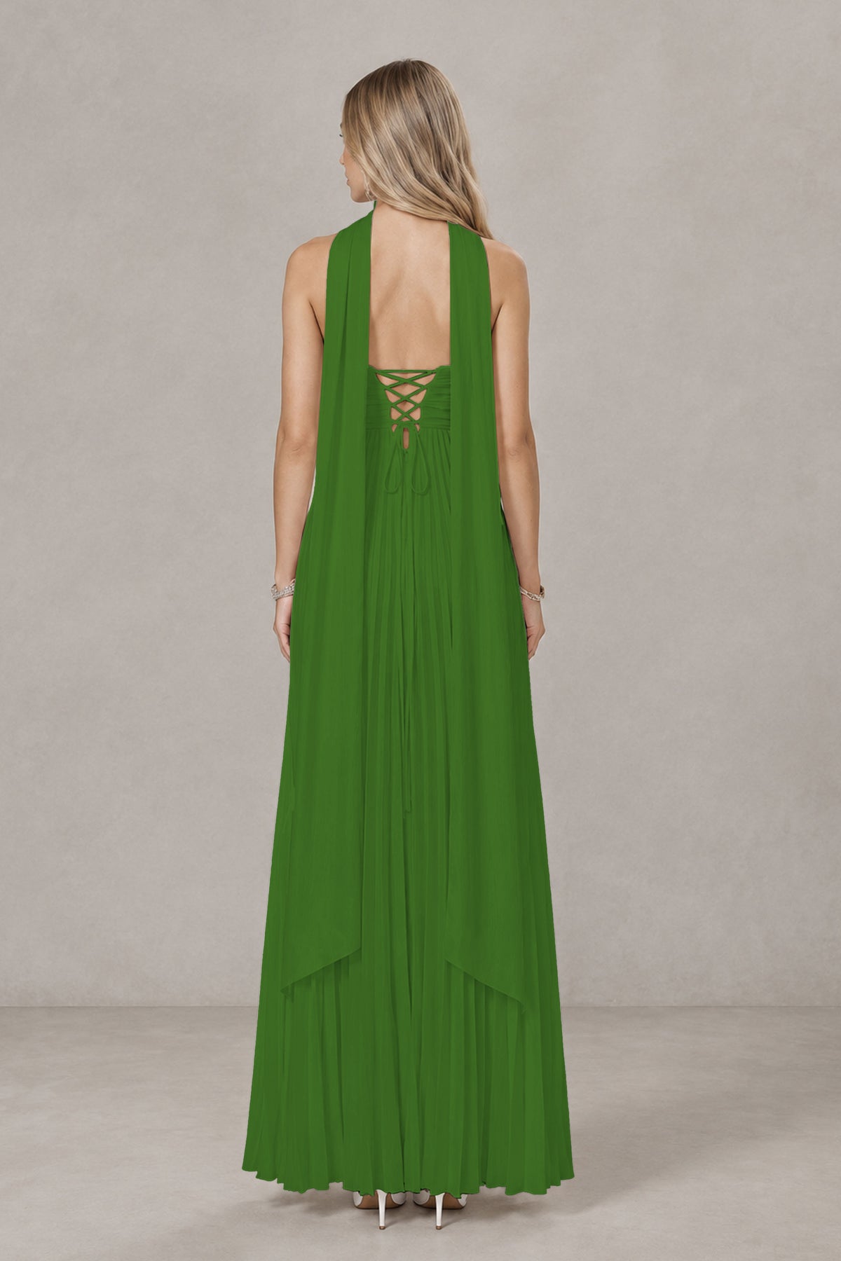 BOLODOO Olive Green Strapless Chiffon-Look Maxi Dress with Lace-Up Back & Cape - Olive Green