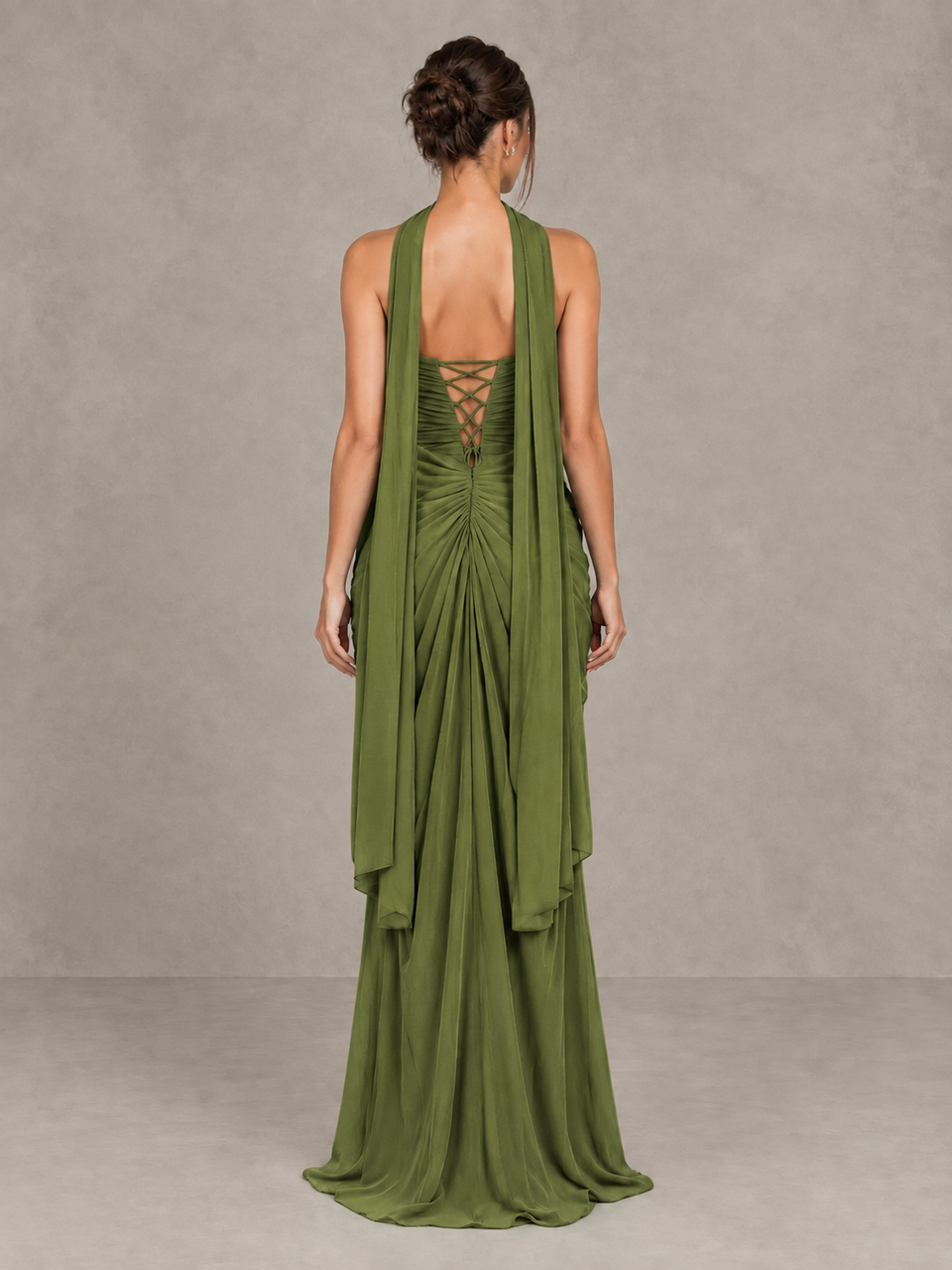 BOLODOO Olive Green Strapless Ruched Maxi Dress with Scarf and Slit - Olive Green
