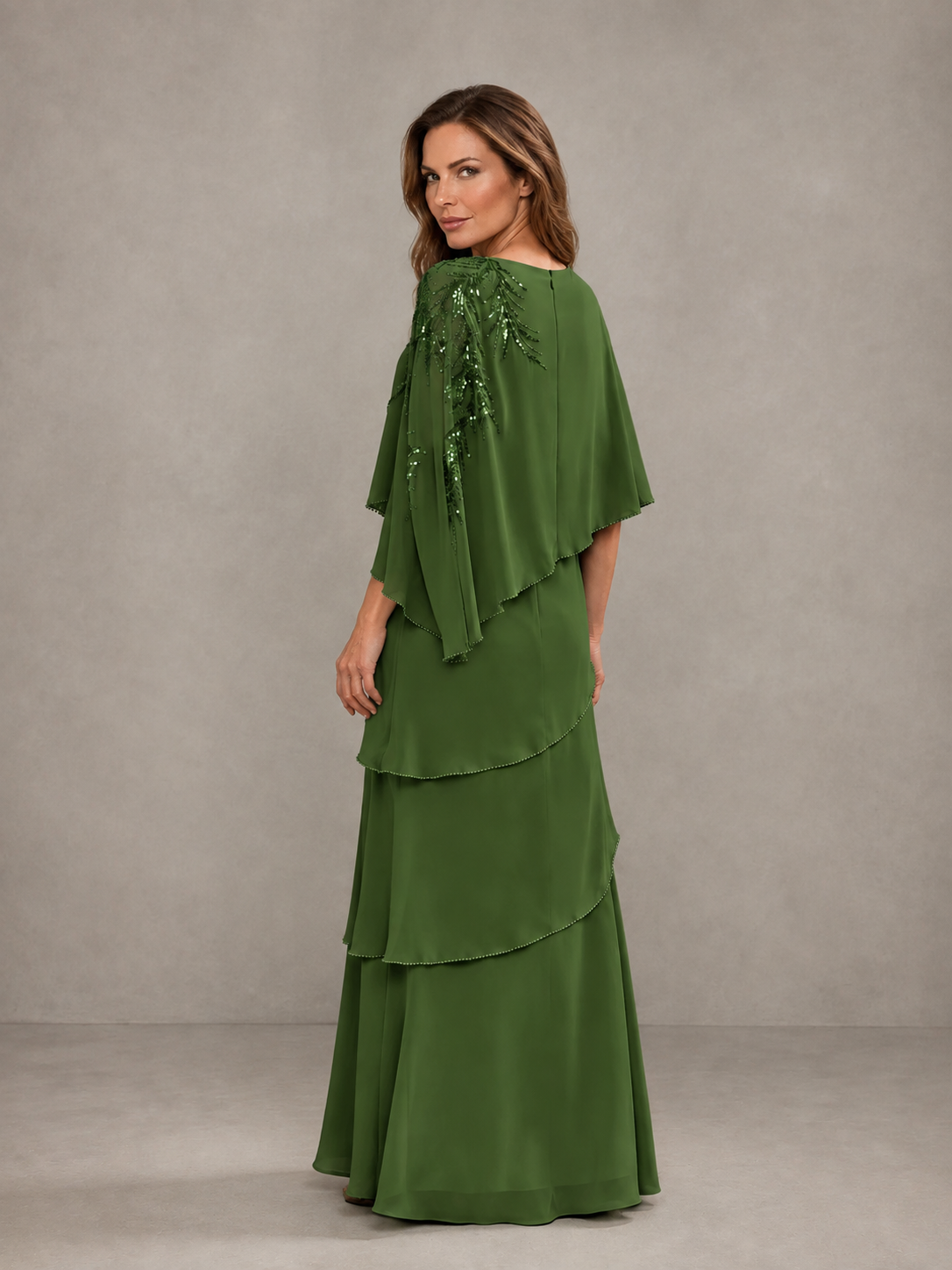 BOLODOO Olive Green Mocha Asymmetric Cape Sleeve Olive Green Sequin Embroidered Pearl Trim Tiered Chiffon Gown - Olive Green