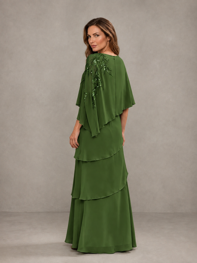 BOLODOO Olive Green Mocha Asymmetric Cape Sleeve Olive Green Sequin Embroidered Pearl Trim Tiered Chiffon Gown - Olive Green