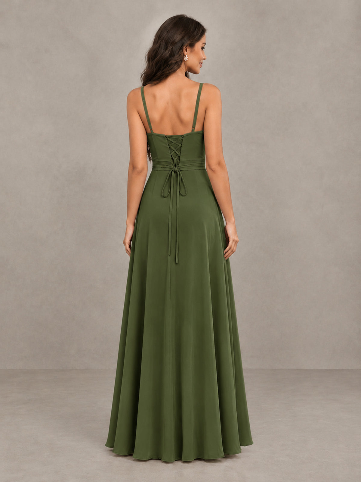 BOLODOO Olive Green Spaghetti Strap Ruffle Bridesmaid Dress with Slit - Olive Green - Olive Green (2)