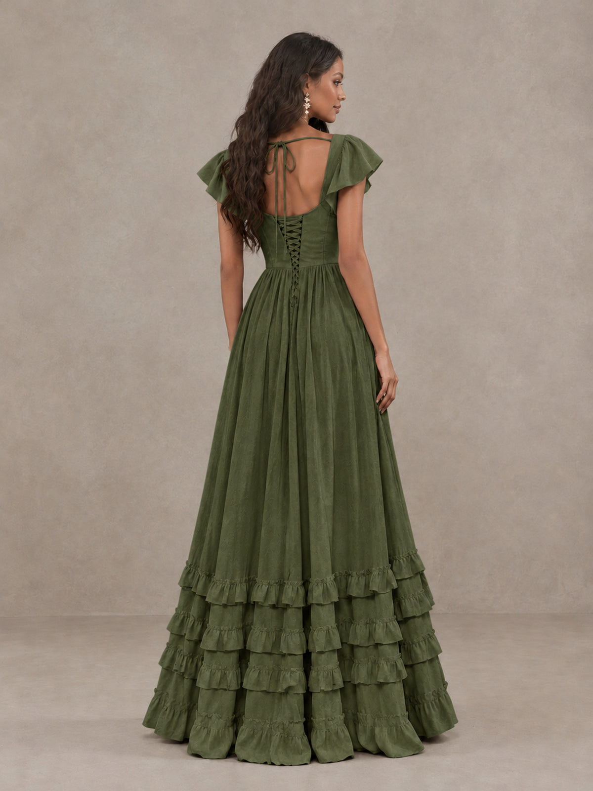 BOLODOO Olive Green Flutter Sleeve Ruffle Bridesmaid Dress with Slit - Olive Green - Olive Green (2)
