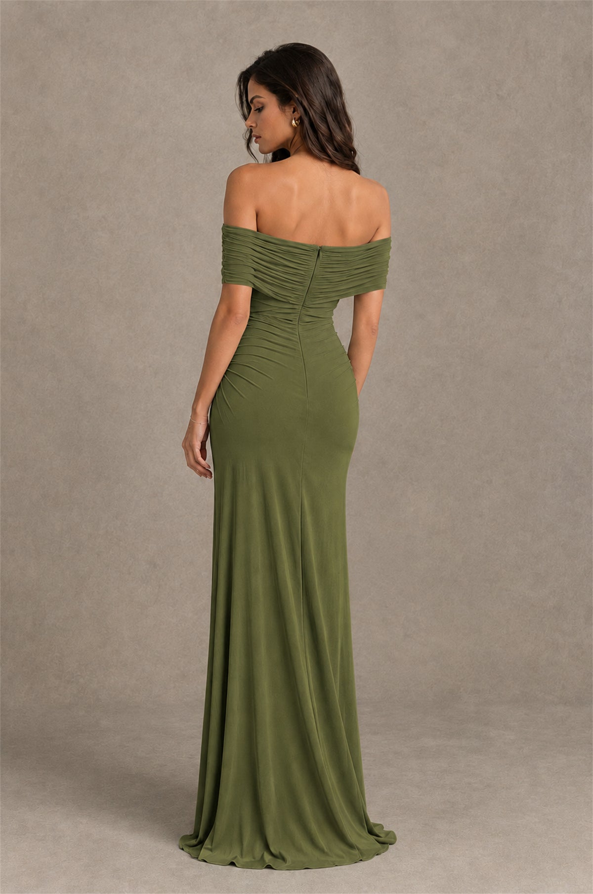 BOLODOO Olive Green Off-Shoulder Ruched Maxi Dress - Olive Green