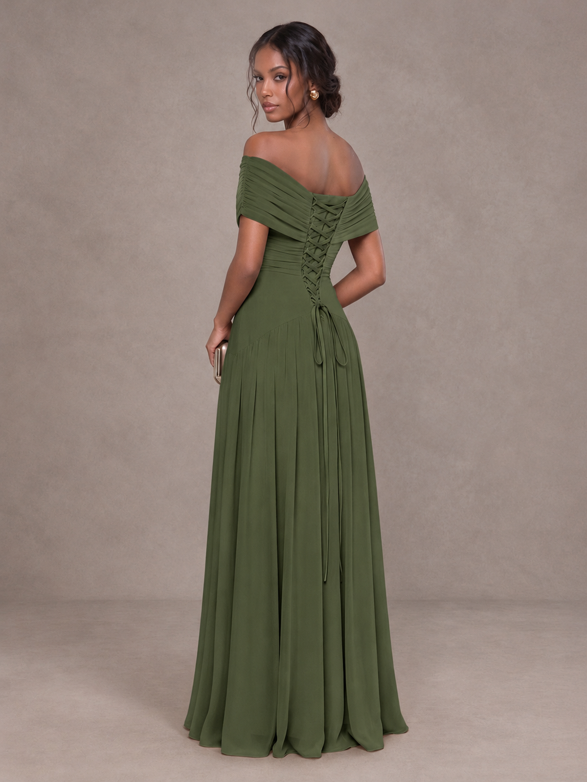 BOLODOO Olive Green Off-Shoulder Ruched A-Line Bridesmaid Dress - Olive Green - Olive Green (2)