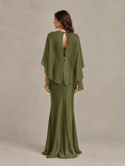 BOLODOO Olive Green Satin Mermaid Bridesmaid Dress with Chiffon Cape - Olive Green - Olive Green (2)