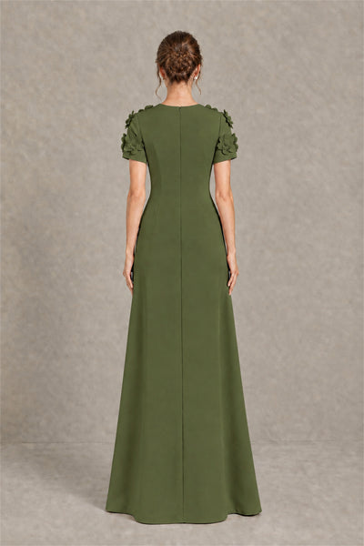 BOLODOO Olive Green Textured Floral Maxi Dress with Short Sleeves - Olive Green