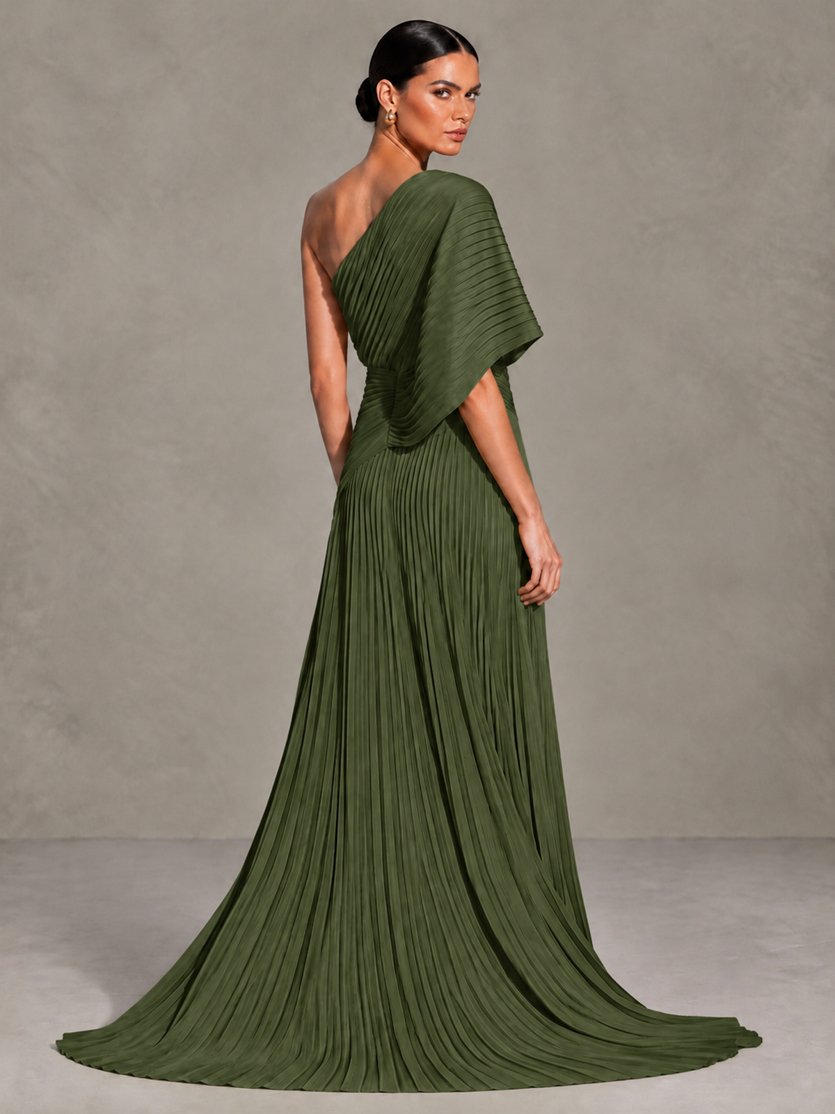 BOLODOO Olive Green One-Shoulder Pleated Cape Evening Gown with Train - Olive Green - Olive Green (2)