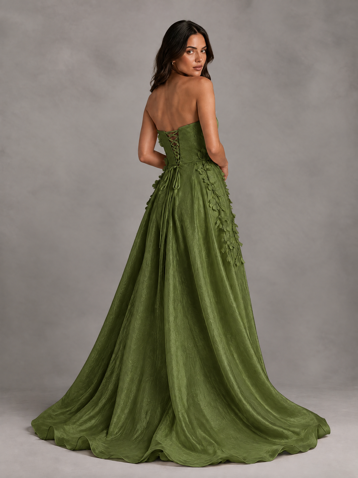 BOLODOO Olive Green Strapless Floral Applique Prom Dress with Overskirt - Olive Green - Olive Green (2)